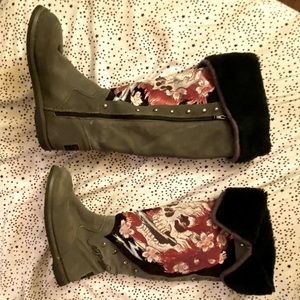 Gray Ed Hardy Winter Knee High Furry Boots